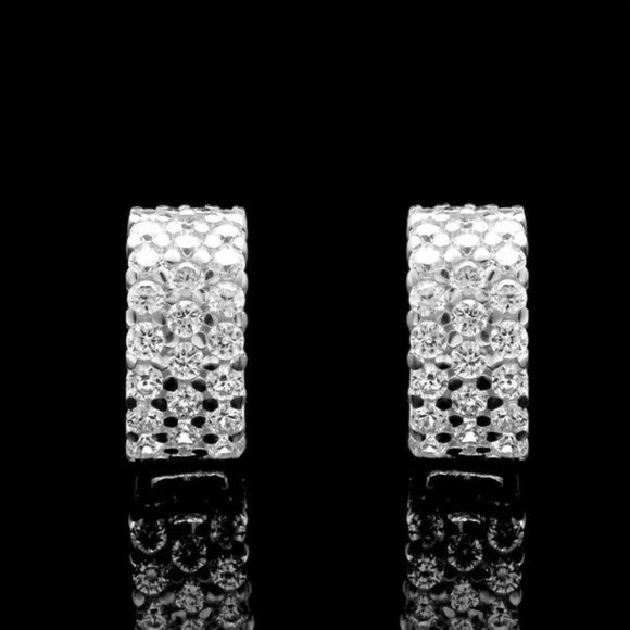 Real 14k Solid White Gold Huggie Earrings 3-Row Cluster Pave Medium- 6x12mm - Picture 2 of 2
